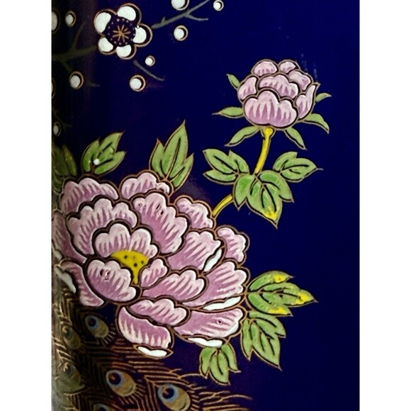 Cobalt Blue Peacock and Floral Vase 22-Gold Trim porcelain vtg - Picture 4 of 13